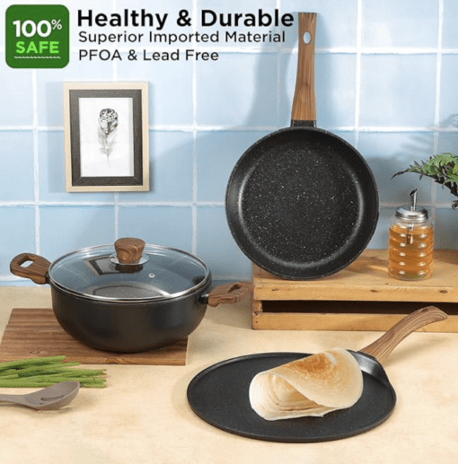 Vinod Zest Plus Die Cast Non Stick Cookware Set Combo 3 Pieces | Kadai with Lid, Frypan Dosa Tawa | 5-Ply Aluminum Layer (5mm Thick) | Gas & Induction Base | 2 Year Warranty - Image 2